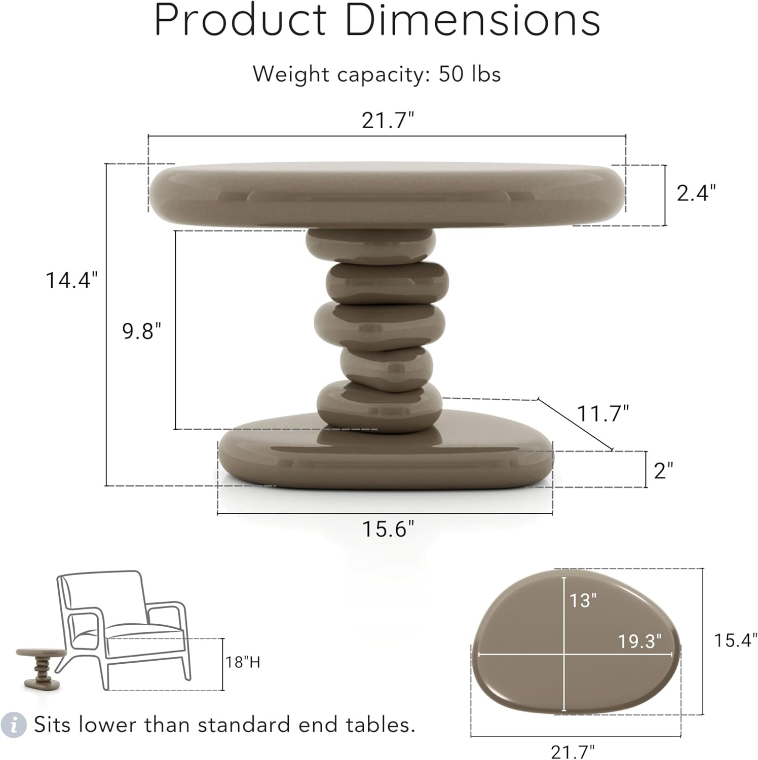 24/7 Shop at Home Kavren Modern 22-inch Oval Glossy Pedestal End Table, Stone Shape Living Room Furniture for Small Space, Dark Brown