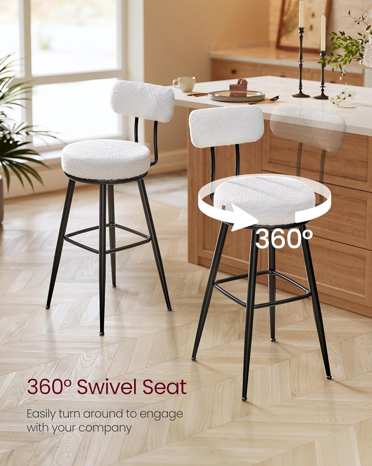 VASAGLE 360° Swivel Bar Stools Set of 2, Bar Height Bar Stools with Back, Boucle Fabric, Contemporary Modern, 30.1 Inch Tall, Kitchen and Home Bar, Cloud White ULBC131W01V1