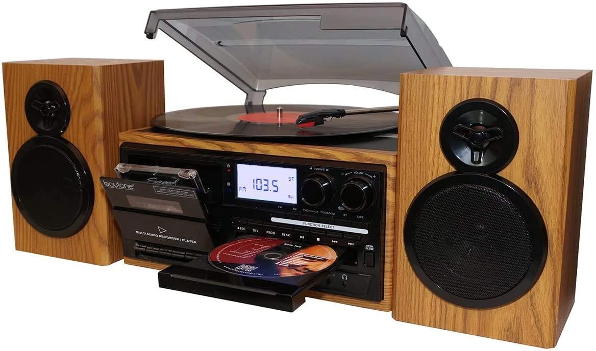 Boytone BT-28SPW Bluetooth Classic Record Player Turntable All-in-One with AM/FM Radio, CD/Cassette Player, 2 Separate Stereo Speakers, Record from Vinyl, Radio, and Cassette to MP3, SD slot, USB, AUX