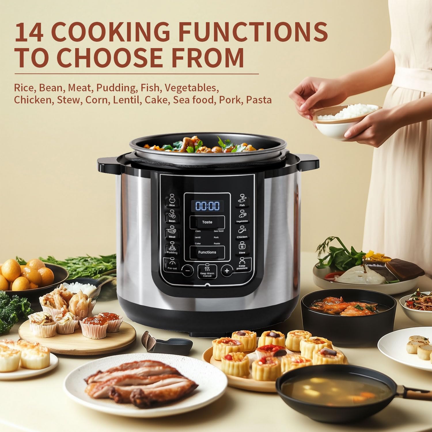 6 Qt Electric Pressure Cooker 9-in-1, 14 Presets Instant Multi-Function Pot, Slow Cooker, Rice Cooker, Cake Maker, Non-Stick, Stainless Steel