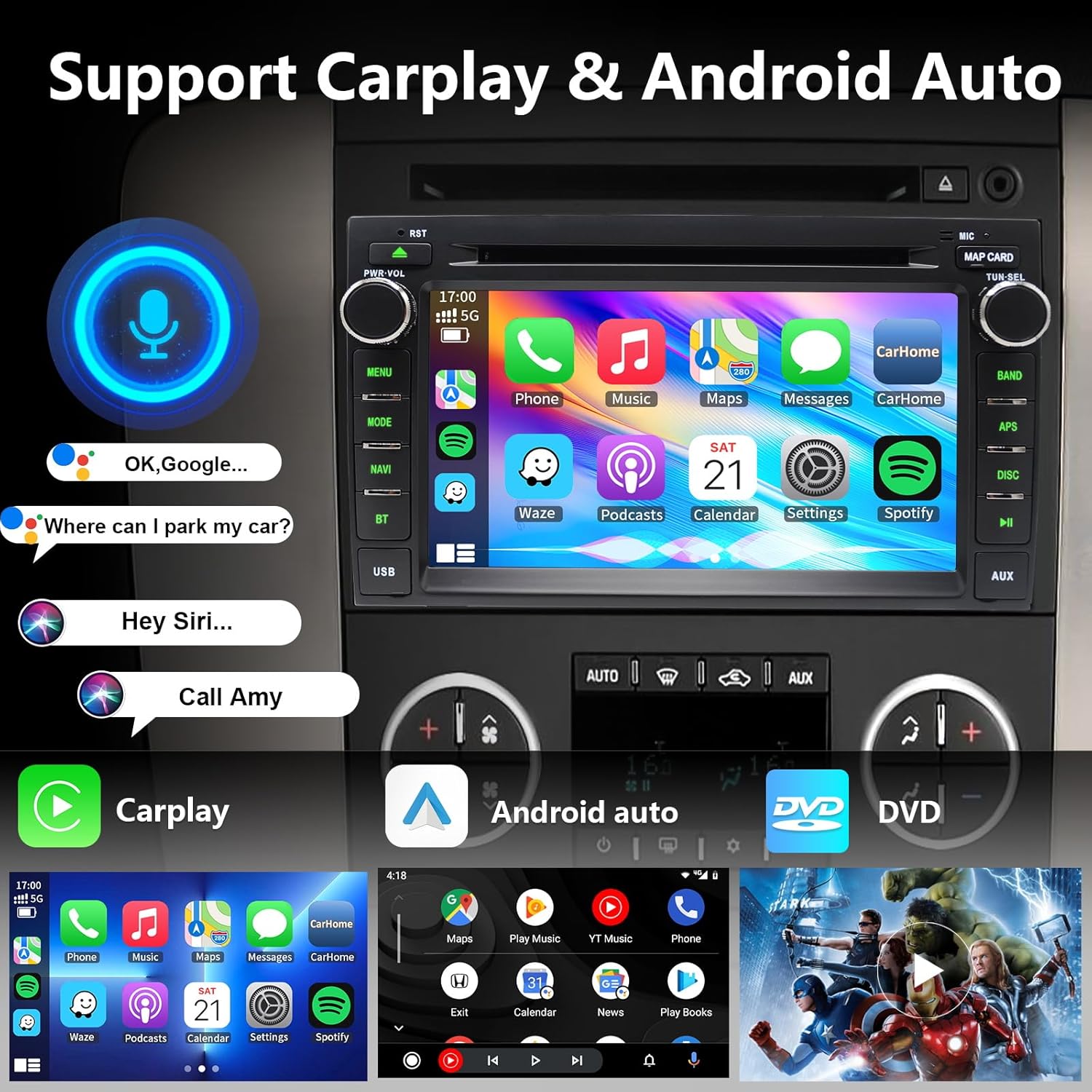 Car Radio Stereo CD DVD Player for Chevrolet Impala Traverse Avalanche GMC Sierra Acadia Yukon Chevy Silverado Tahoe Suburban 2007-2013 with Wireless Carplay Android Auto Navi Backup Cam/SWC