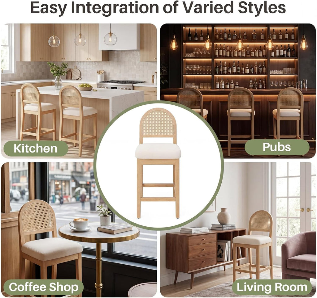 Farmhouse Rattan Counter Height Bar Stools Set of 3, Chenille Upholstered Barstools with Solid Wood Frame & Legs, Chic Kitchen Island Chairs, Natural