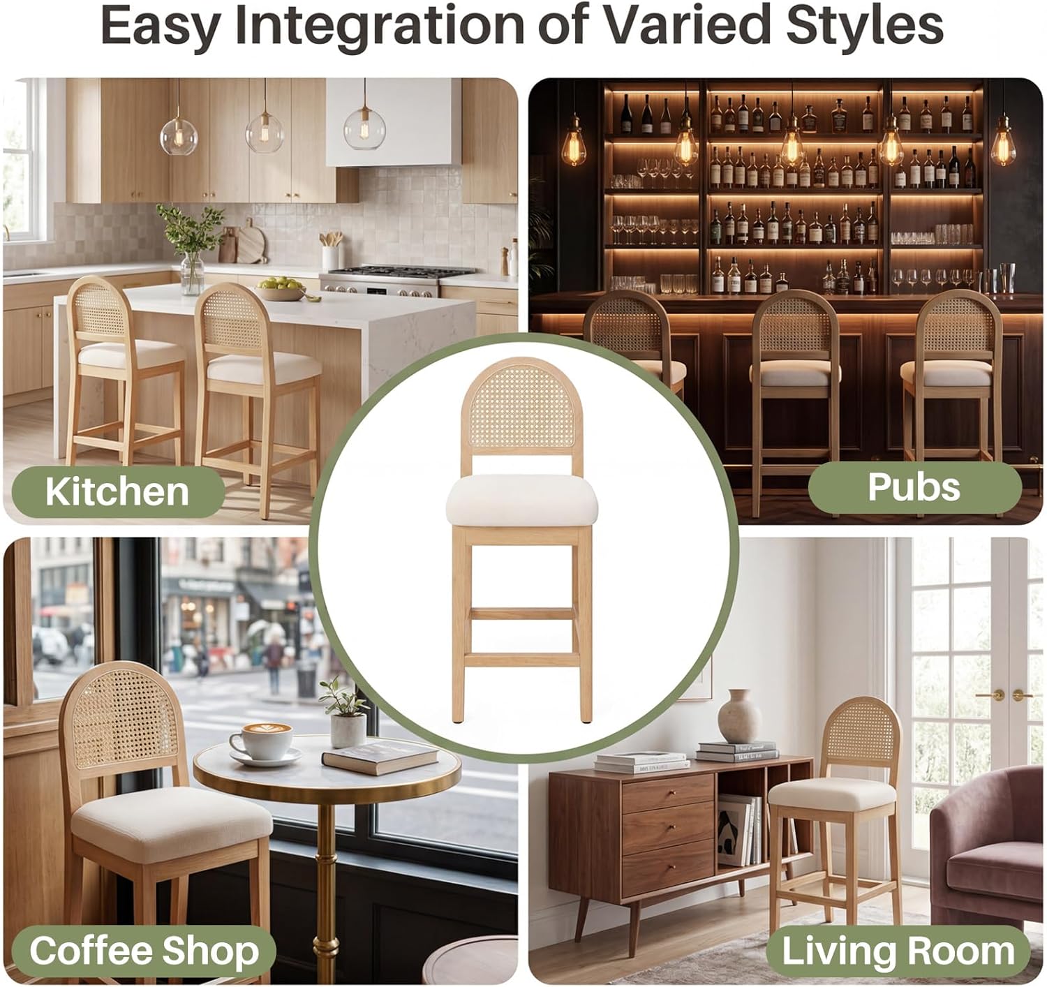 Farmhouse Rattan Counter Height Bar Stools Set of 3, Chenille Upholstered Barstools with Solid Wood Frame & Legs, Chic Kitchen Island Chairs, Natural