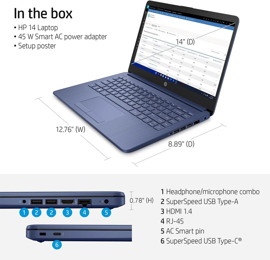 HP Portable Laptop (Include 1 Year Microsoft 365), 14'' HD Display, 16GB RAM, 64GB eMMC, Intel Quad-Core N4120, Student and Business, Webcam, HDMI, Wi-Fi, RJ-45, Windows 11 Home, Grayish Blue