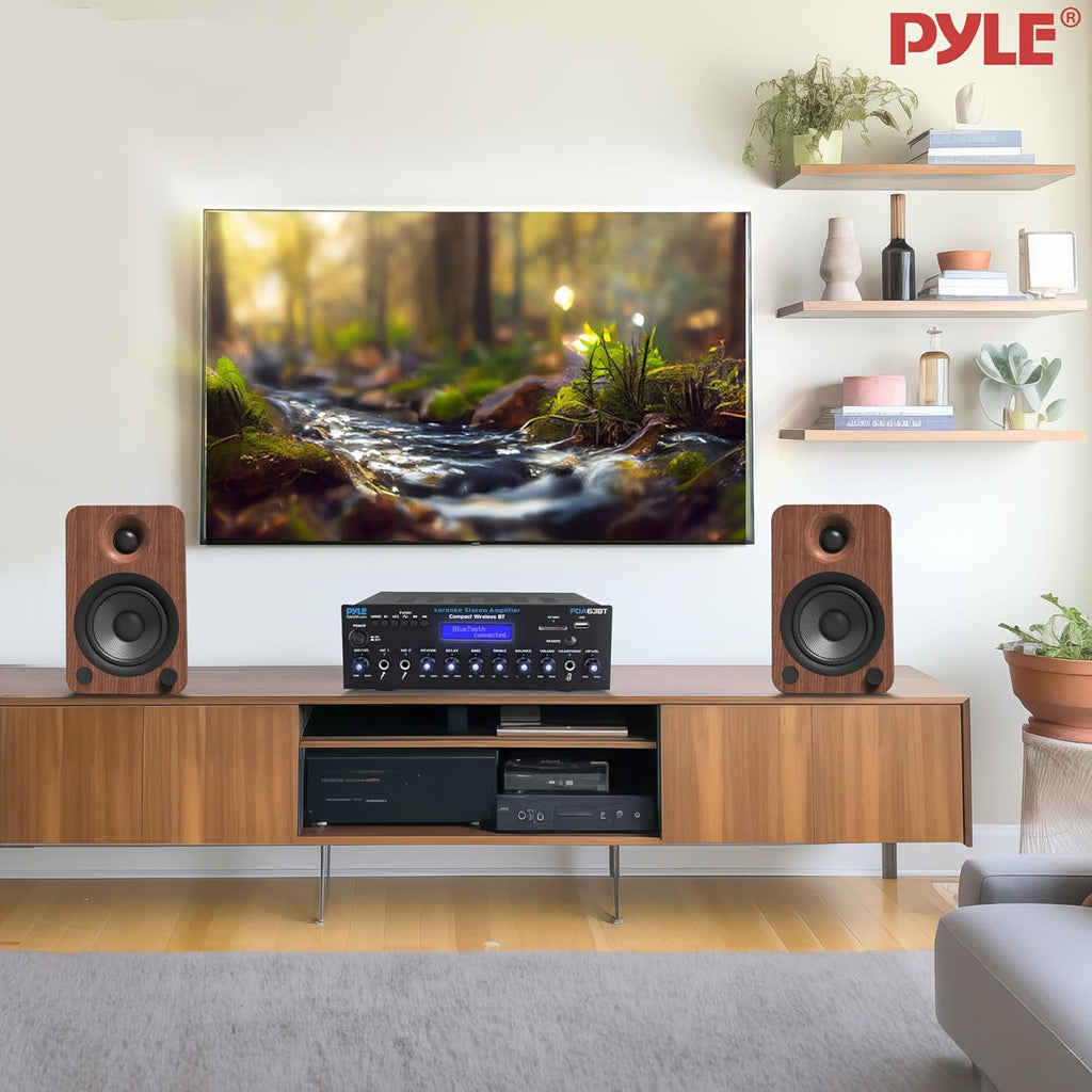 Pyle Wireless BT Stereo Amplifier - Multi Channel, 200 Watt Power, Home Audio Receiver System with FM Radio, BT, USB SD, AUX, RCA, Mic-in, BT and FM Antenna
