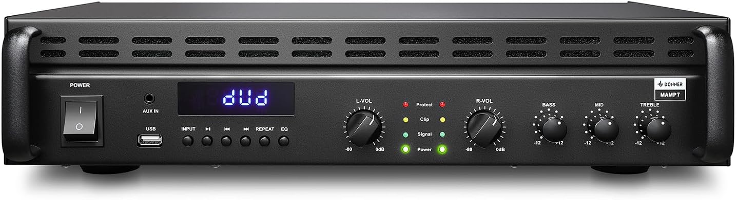Donner Power Amplifier, 2 Channel Audio Amplifier with Bluetooth 5.3, EQ Controls, 100W RMS and 225W @4Ω Bridgeable, Versatile Inputs, for Home Party, Live Sound, DJs and Garage, MAMP7