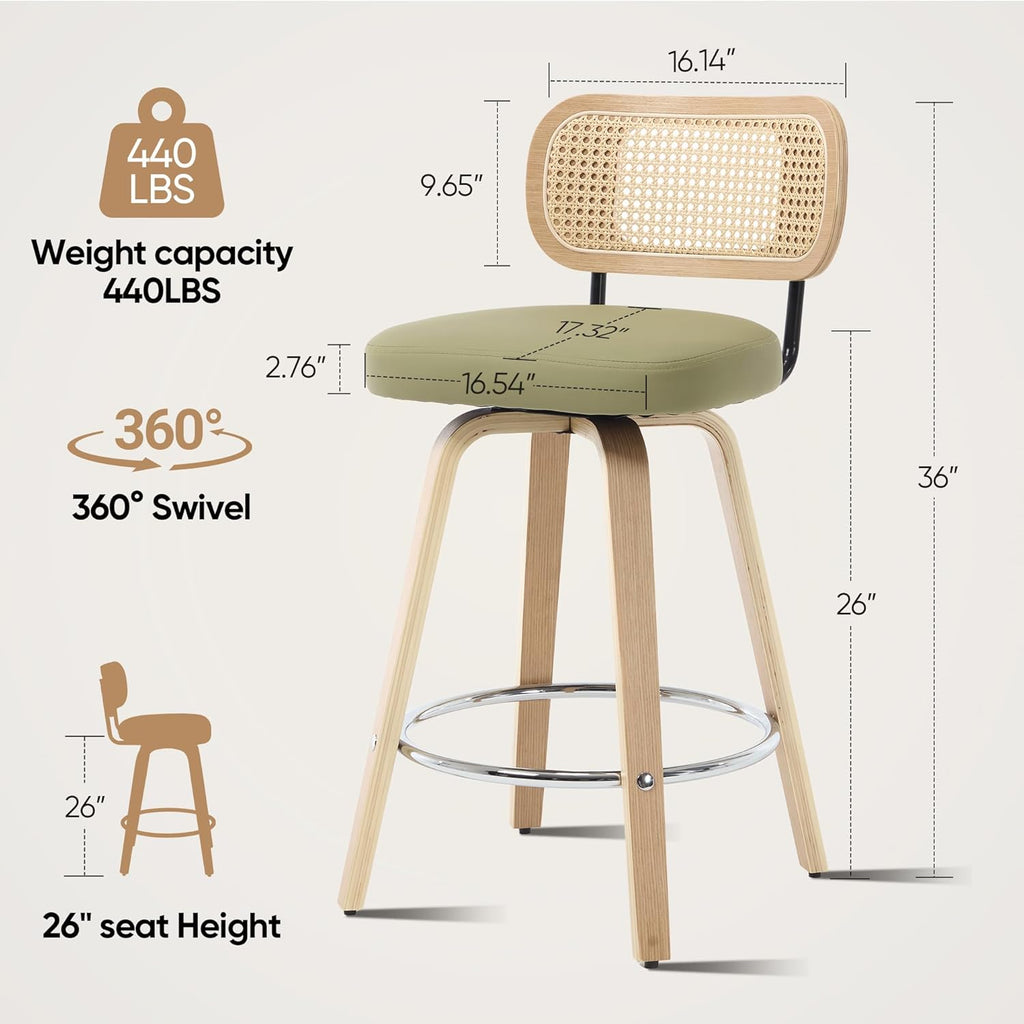 Rattan Bar Stools Set of 2,Upholstered PU Leather, 26'' Counter Height Barstools with Back and Wood Legs,360°Swivel,Mid-Century Modern Bar Stool for Kitchen Island Dining Room and Bar(Grass Green)