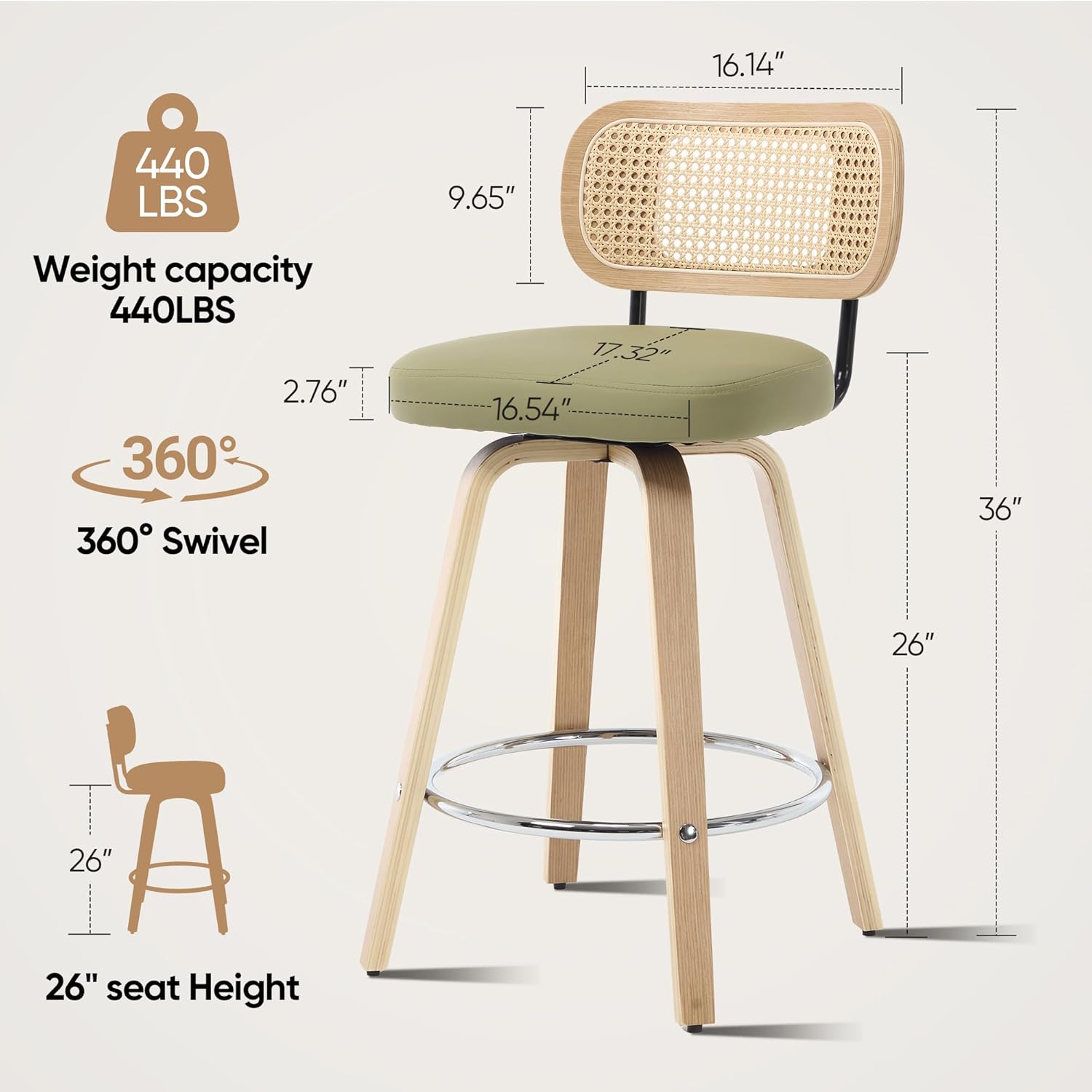 Rattan Bar Stools Set of 2,Upholstered PU Leather, 26'' Counter Height Barstools with Back and Wood Legs,360°Swivel,Mid-Century Modern Bar Stool for Kitchen Island Dining Room and Bar(Grass Green)