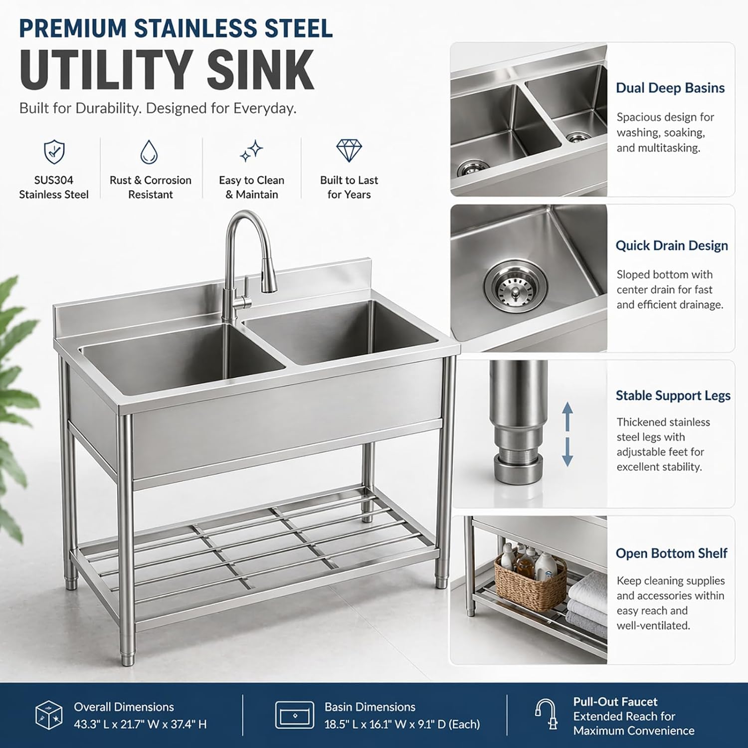 42" x 22" Freestanding Stainless Steel Utility Sink with Pull Down Faucet and Workbench Top, Extra Wide Basin for Laundry Room, Garage, or Workshop