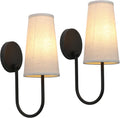 Pathson Set of 2 Linen Fabric Wall Sconces, Hardwired Curved Arm Bathroom Vanity Light with Cone Cloth Shade, Black Indoor Wall Decor Lamp for Living Room, Kitchen, Bedroom, Foyer
