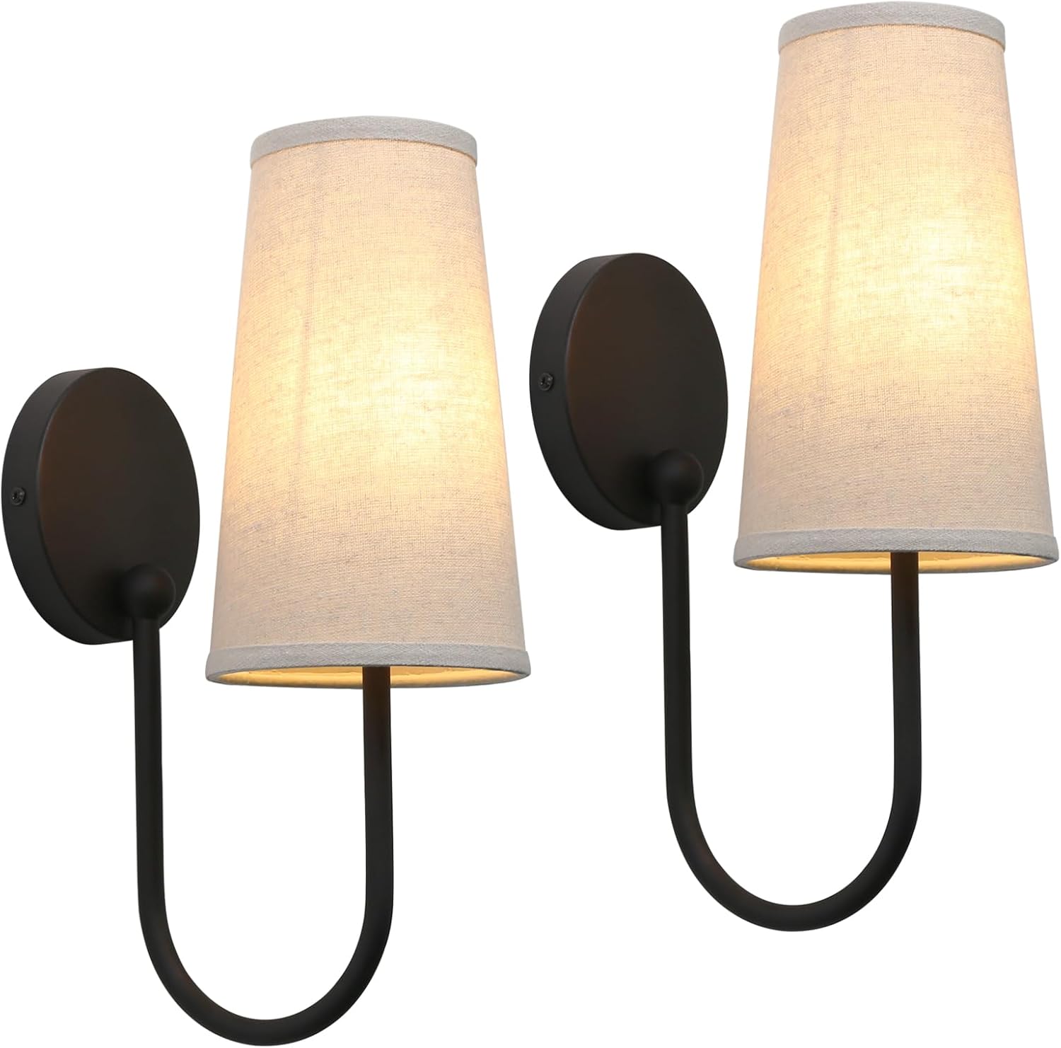 Pathson Set of 2 Linen Fabric Wall Sconces, Hardwired Curved Arm Bathroom Vanity Light with Cone Cloth Shade, Black Indoor Wall Decor Lamp for Living Room, Kitchen, Bedroom, Foyer