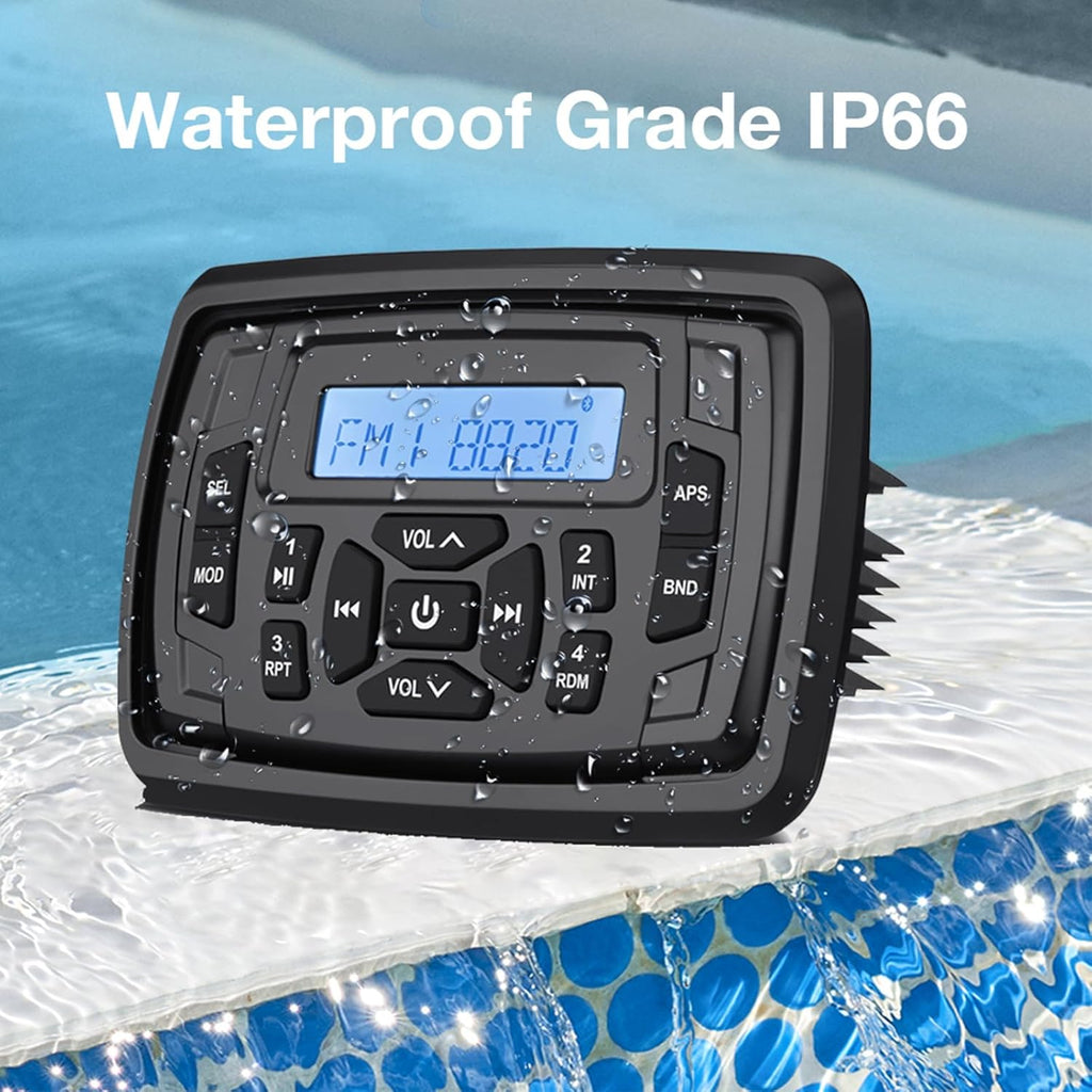 Marine Audio System Waterproof Bluetooth FM/AM Radio Stereo Receiver with 4 inch Boat Speakers and Antenna – Ready for ATV, UTV, RV, Yacht