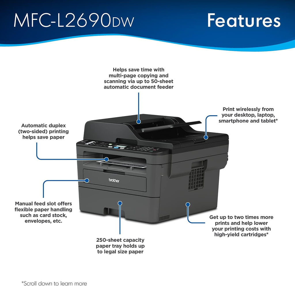 Brother Premium MFC-L2690DW Compact Monochrome All-in-One Laser Printer