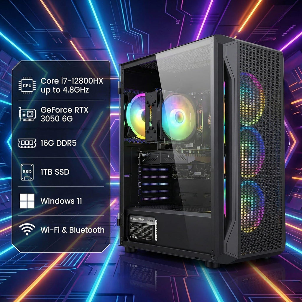 STGAubron Gaming PC Computer Desktop, Intel Core i7-12800HX up to 4.8GHz, GeForce RTX 3050 6G, 16G DDR5, 1TB SSD, WiFi 6, BT 5.2, RGB Fan x4, Windows 11 Home