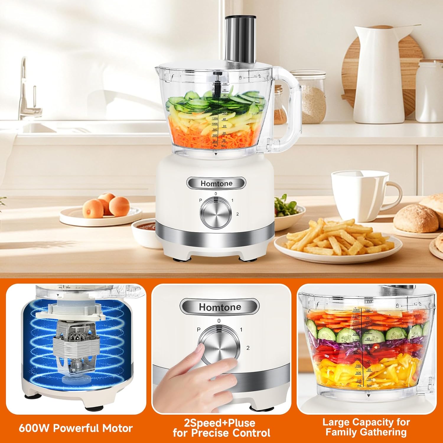 Homtone 16-Cup Food Processor, Heavy-Duty 9-Function Vegtable Chopper with 7 Blades & 3 Speeds for Dough Kneading, Meat Chopping, Slicing, Shredding & French Fry Cutting, Dishwasher Safe, White