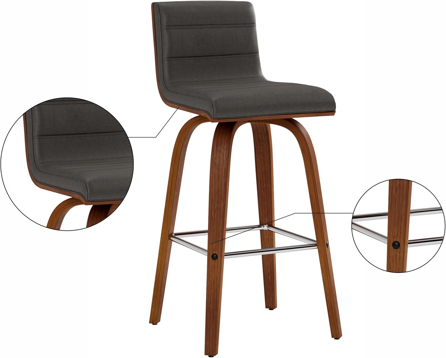 Armen Living Vienna 26" Counter Height Swivel Grey Faux Leather and Walnut Wood Bar Stool