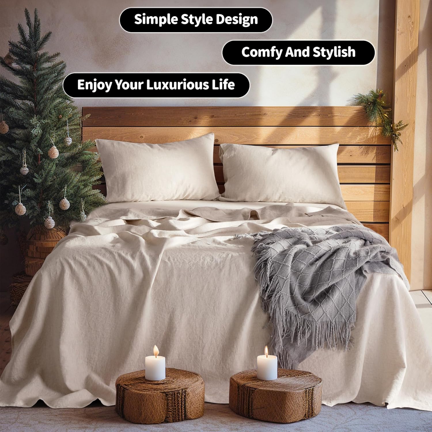 LBRO2M 100% Pure Linen Sheet Set Deep Pocket Up to 16" Bed Sheets Sets, Natural Flax Beddings Soft, Breathable, Comfortable for All Seasons 4 Pcs Sheet Set Queen Size, Linen