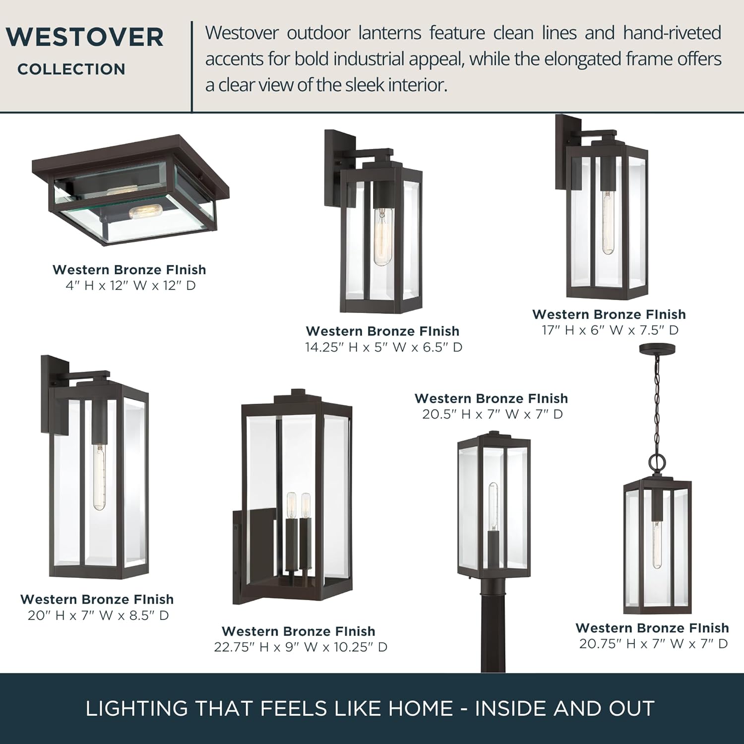 Quoizel Westover 17" Outdoor Wall Sconce, 1-Light Western Bronze with Clear Beveled Glass, E26 Base, Wet Rated