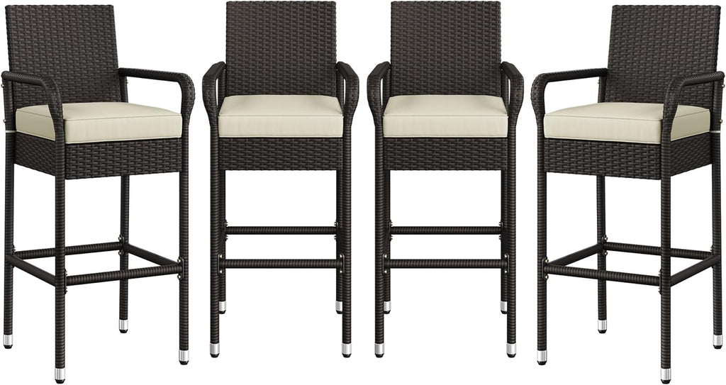 Yaheetech Outdoor Bar Stools Set of 4, Patio Wicker Chairs with Armrests, Footrests, Cushion for Porch Garden Balcony Backyard, Brown/Beige