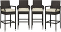 Yaheetech Outdoor Bar Stools Set of 4, Patio Wicker Chairs with Armrests, Footrests, Cushion for Porch Garden Balcony Backyard, Brown/Beige