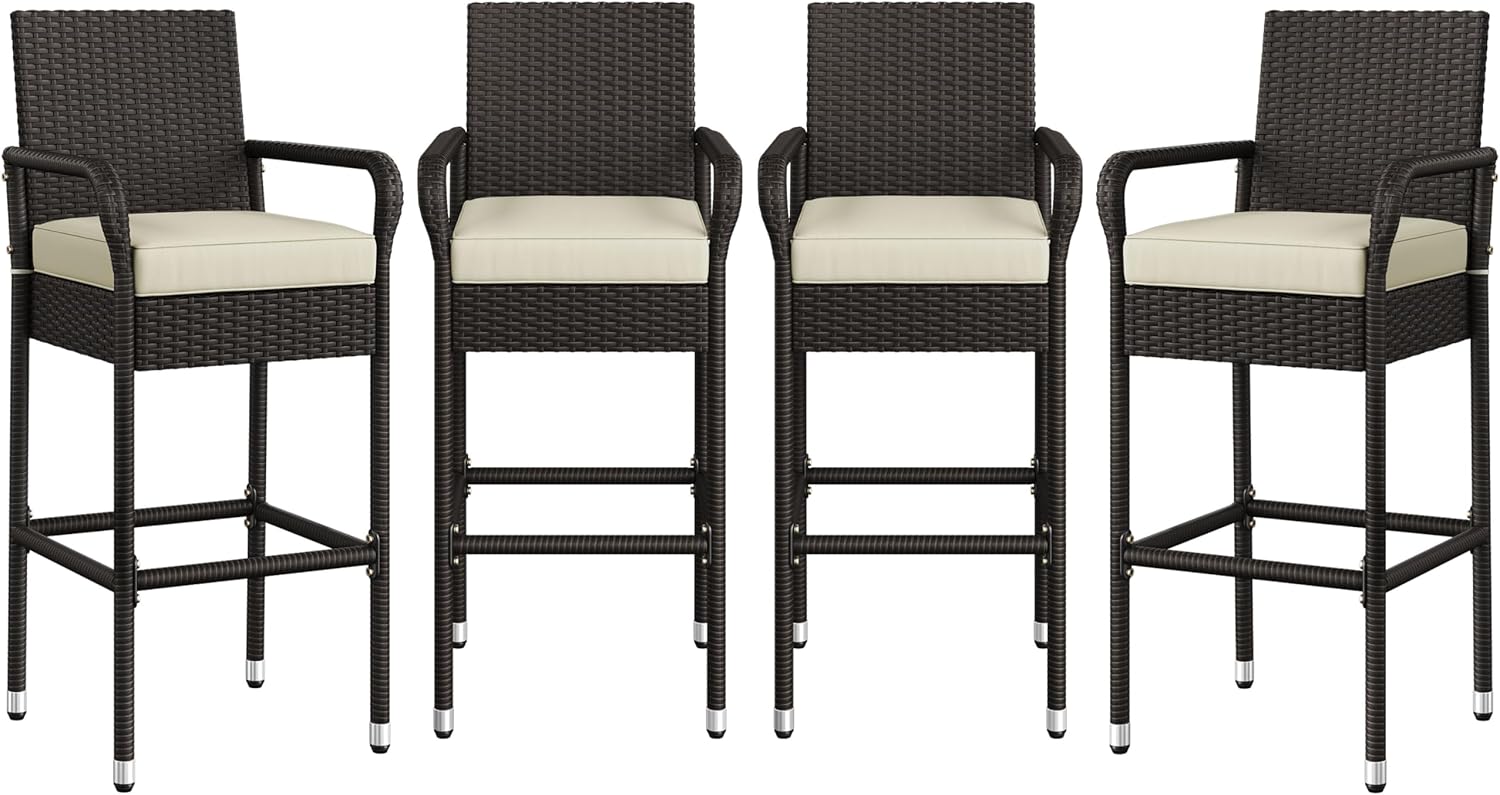 Yaheetech Outdoor Bar Stools Set of 4, Patio Wicker Chairs with Armrests, Footrests, Cushion for Porch Garden Balcony Backyard, Brown/Beige