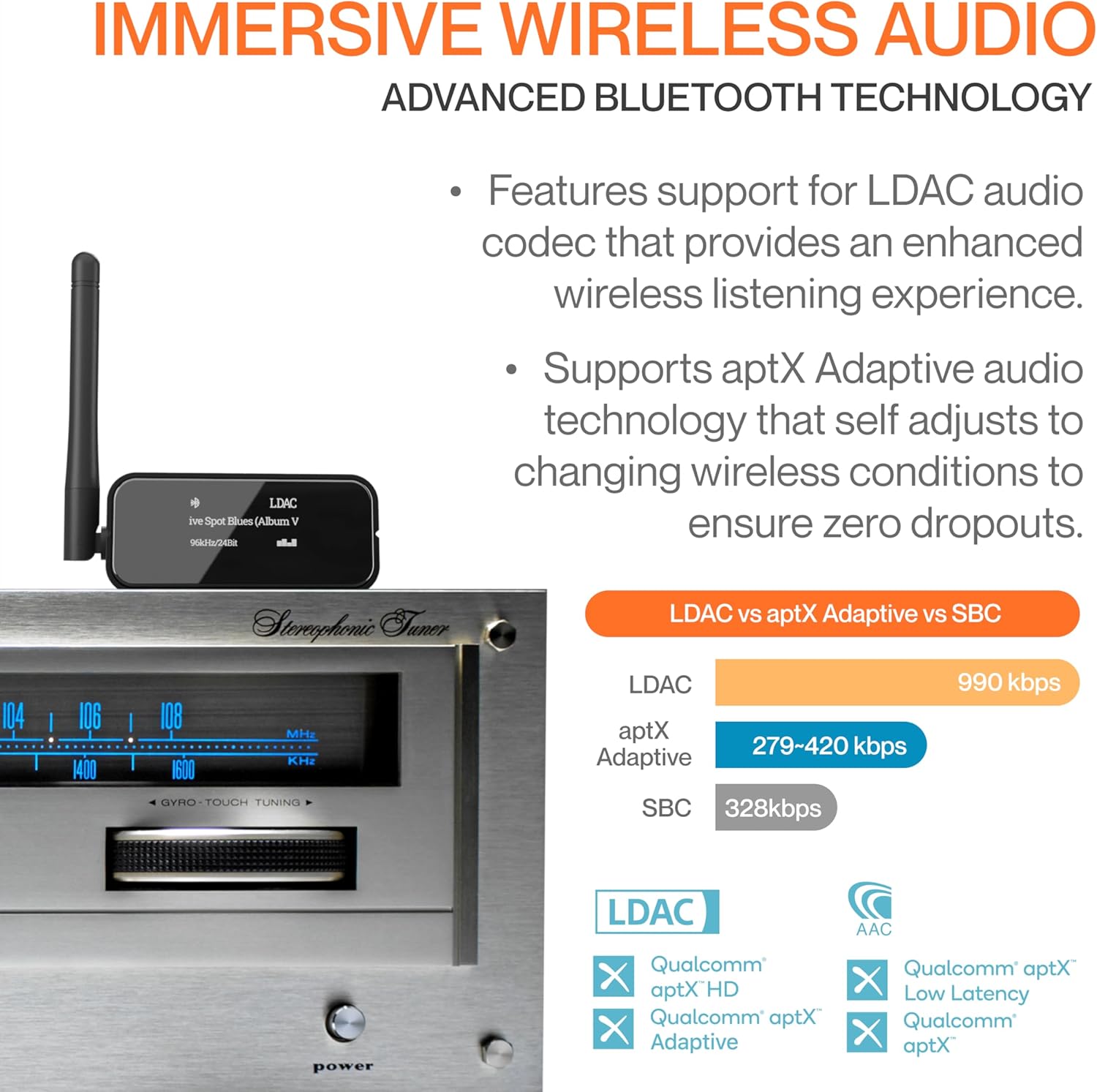 Auris Blume Pro HiFi Bluetooth 5.3 Music Receiver Long Range Bluetooth Adapter with Audiophile DAC, LDAC, aptX HD, OLED Display & Optical Coaxial AUX Output for Home Stereo, AV Receiver or Amplifier