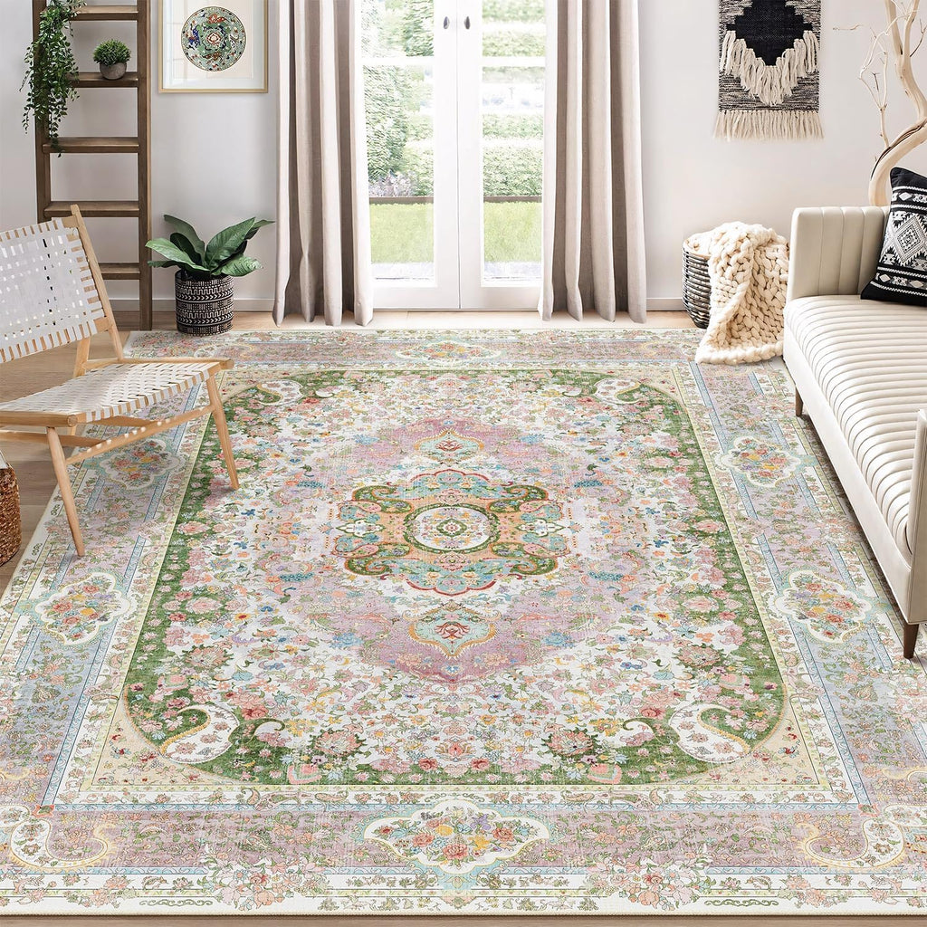 8x10 Area Rugs Washable,Pink Rug for Living Room Bedroom Dining Room,Large Boho Vintage Bohemian Distressed Carpet Non Slip,Blush Green