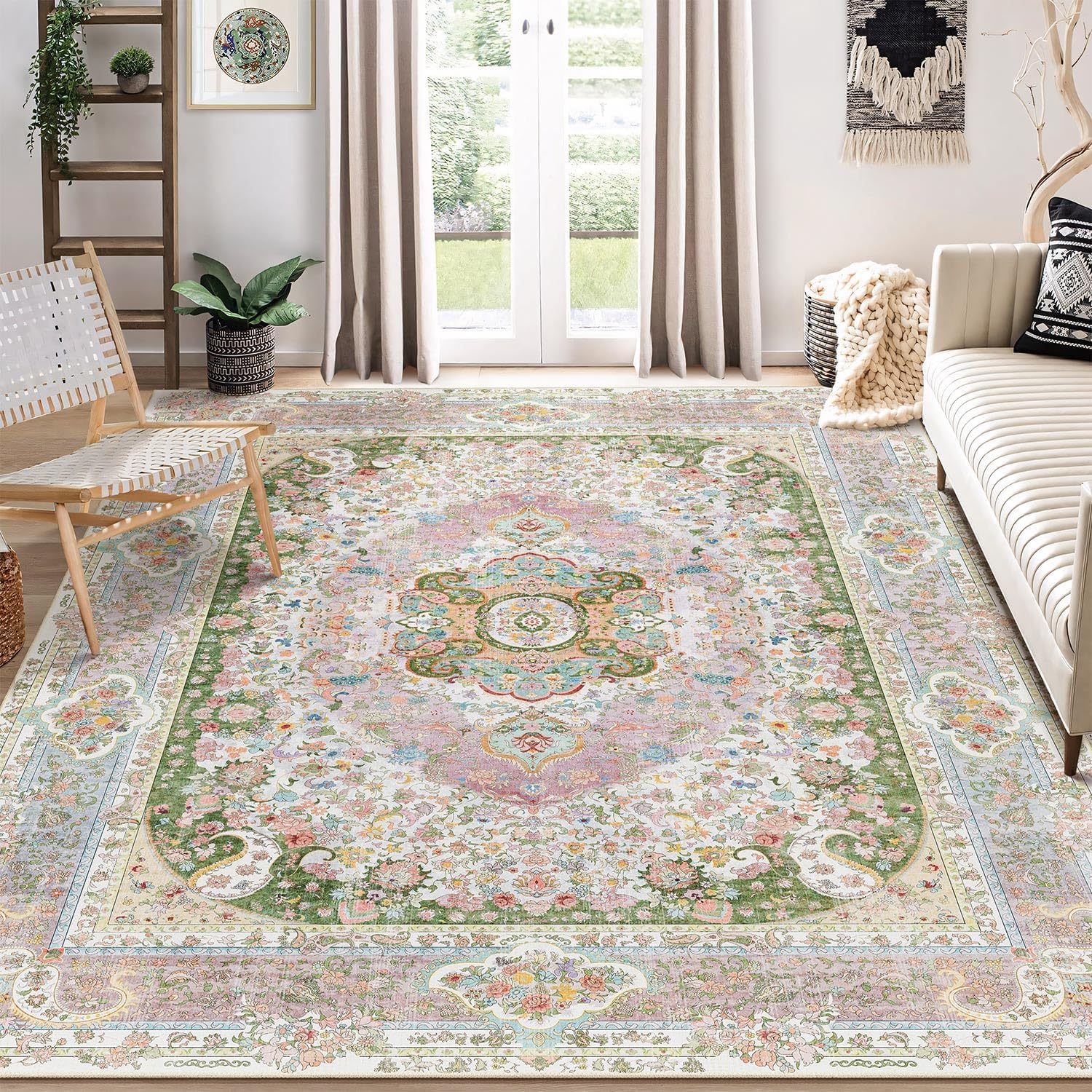 8x10 Area Rugs Washable,Pink Rug for Living Room Bedroom Dining Room,Large Boho Vintage Bohemian Distressed Carpet Non Slip,Blush Green