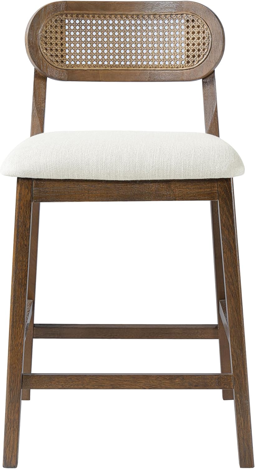 Christopher Knight Home Kaylin Modern Counter Height Bar Stools Set of 2, Upholstered Bar Stool for Kitchen Island, Wood Dining Room Chair with Rattan Back, Counter Stool with Footrest, Brown+Beige