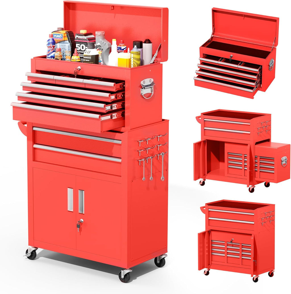 Greenvelly 8-Drawer Rolling Tool Chest, Assembled 2 in 1 Detachable Metal Tool Box with Wheels, Lockable Steel Tool Cart with Drawer Liners & Side Hooks for Garage, Workshop, Repair Room (Red)