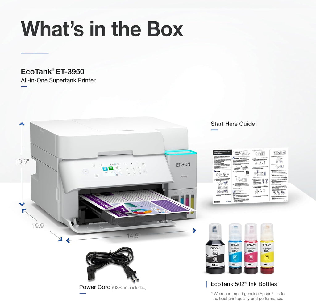 Epson EcoTank ET-3950 Wireless All-in-One Color Supertank Printer with up to 3 Years of Ink Refillable Tanks, Perfect for Home Office, 18 PPM, 2.4" Colorful Touchscreen, Auto Document Feeder - White