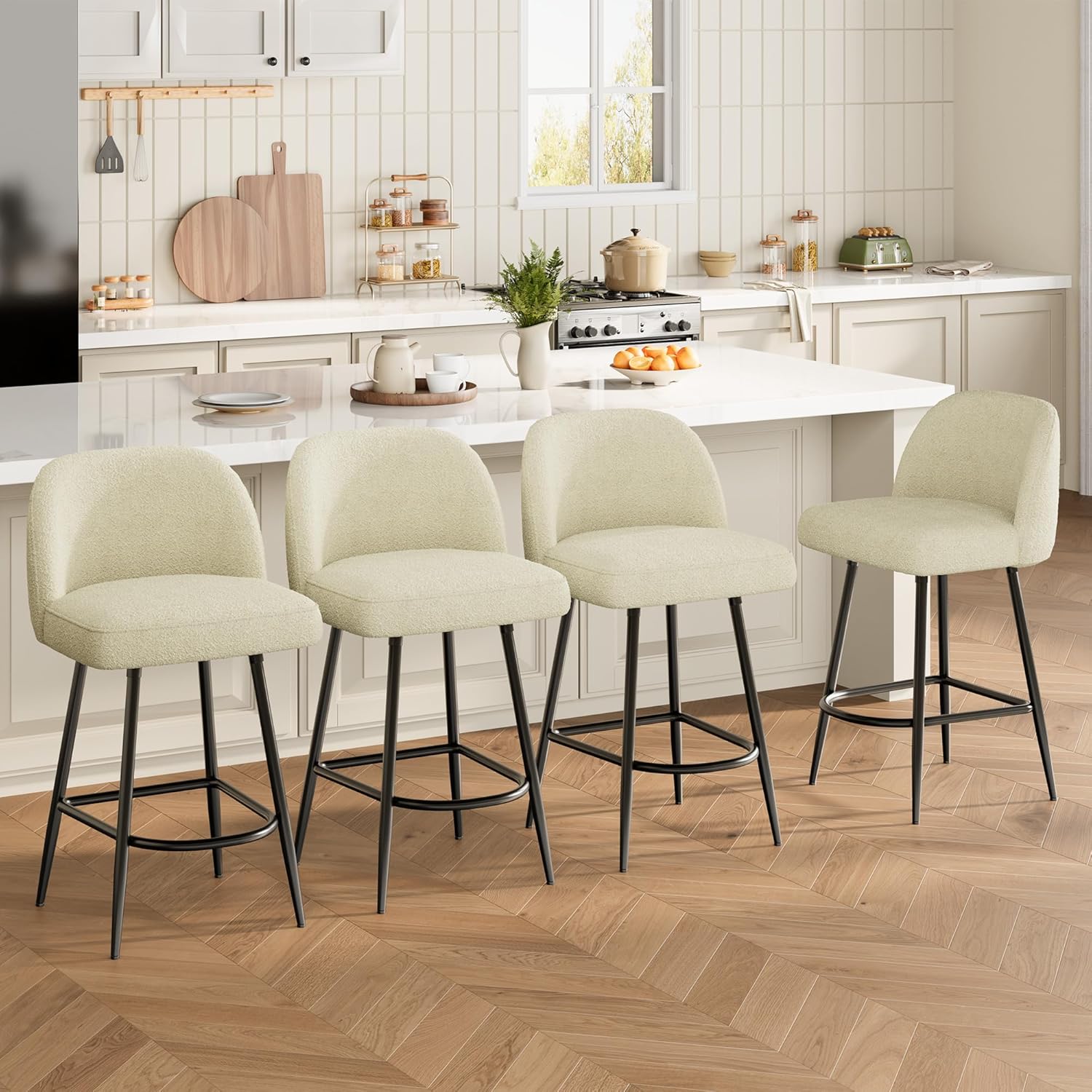 GarveeHome 26" Modern Upholstered Barstools with Backs and Metal Legs, Counter Height Bar Stools Set of 4, Faux Sherpa High Chairs with Arc Metal Footrest for Kitchen Island, Beige