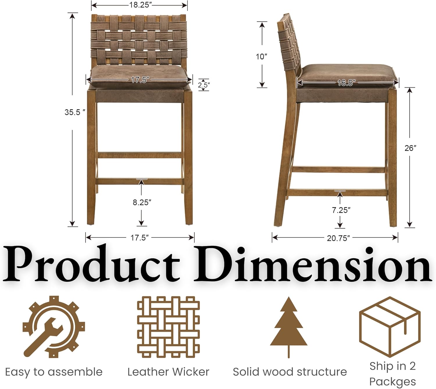 EALSON Mid Century Rattan Bar Stools Set of 4 Modern Farmhouse Barstools with Leather Woven Backs 26 Inch Wooden Counter Stool Breakfast Upholstered Bar Chairs for Kitchen Island, Brown