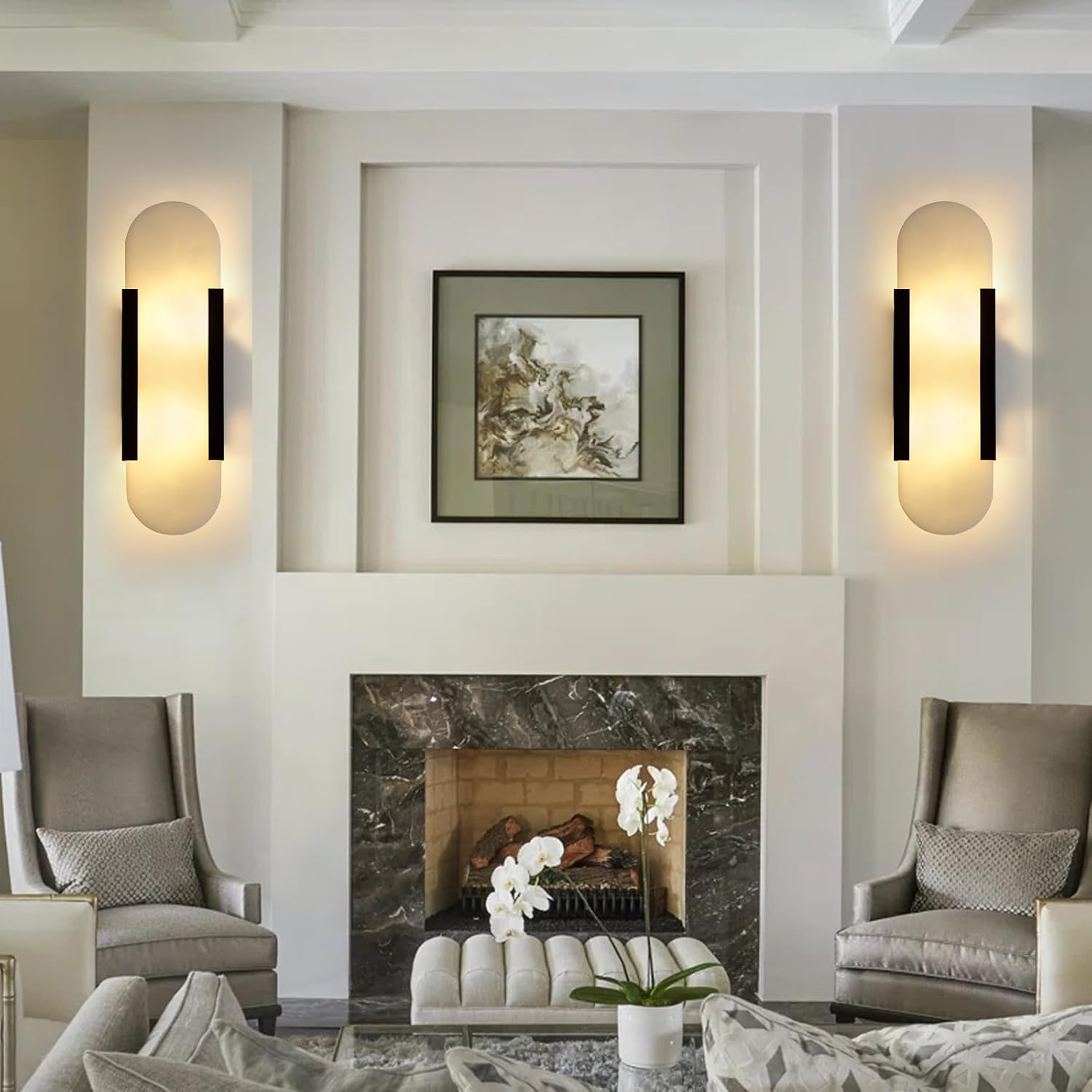 13.8in Alabaster Wall Sconces Set of Two, Natural Marble Wall Lighting .Alabaster Wall Lamp for Bedroom Stairs, Living Room, Vanity, Hallway Bedside(Bulb Included)
