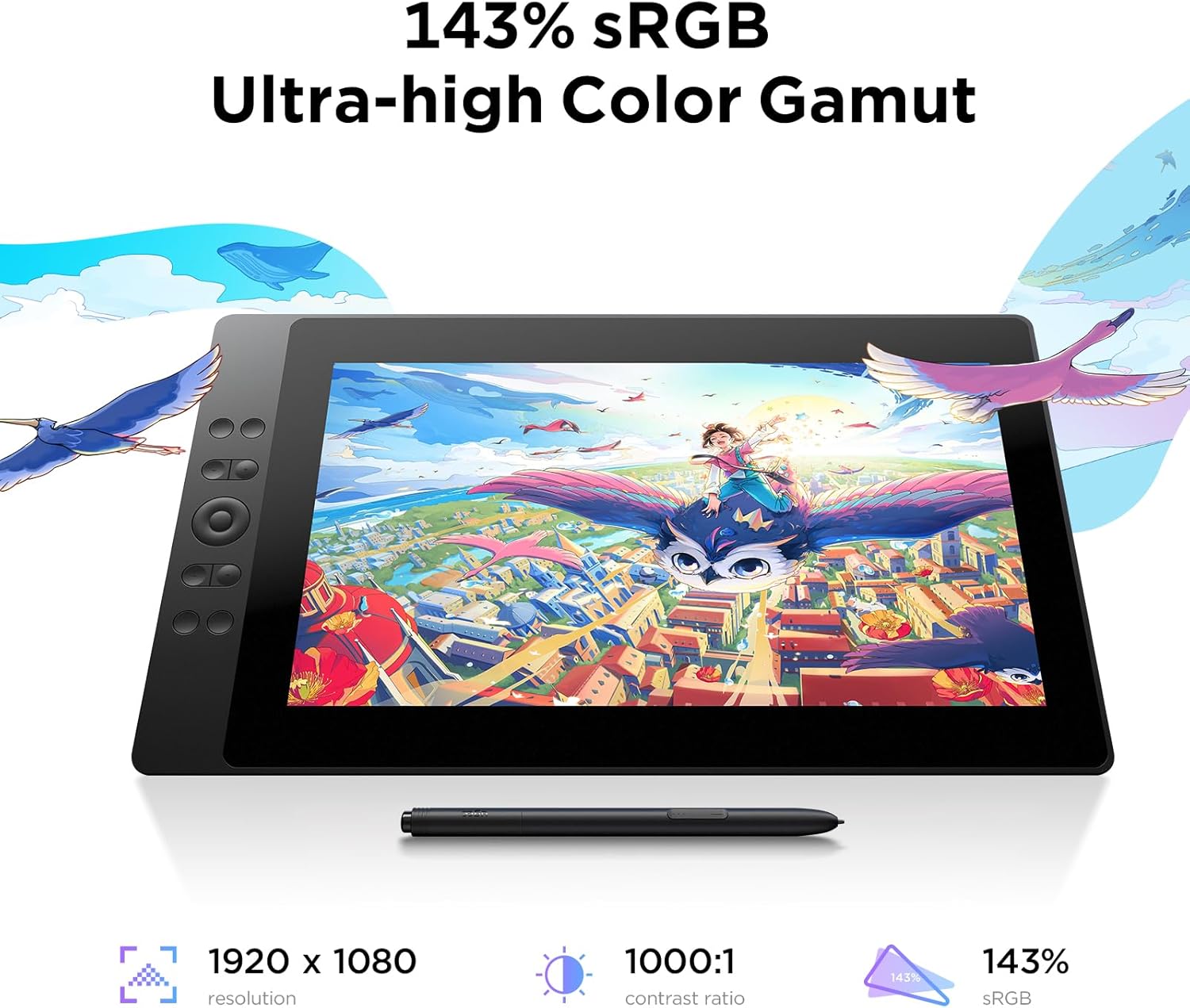 UGEE 15.4 inch Drawing Tablet with Screen .143% sRGB UE16 Computer Graphics Tablet with Full-Laminated Screen 8+1 Hot Keys 16K Level Pressure Battery-Free Stylus .Drawing Pad for PC/Windows/Mac/Android