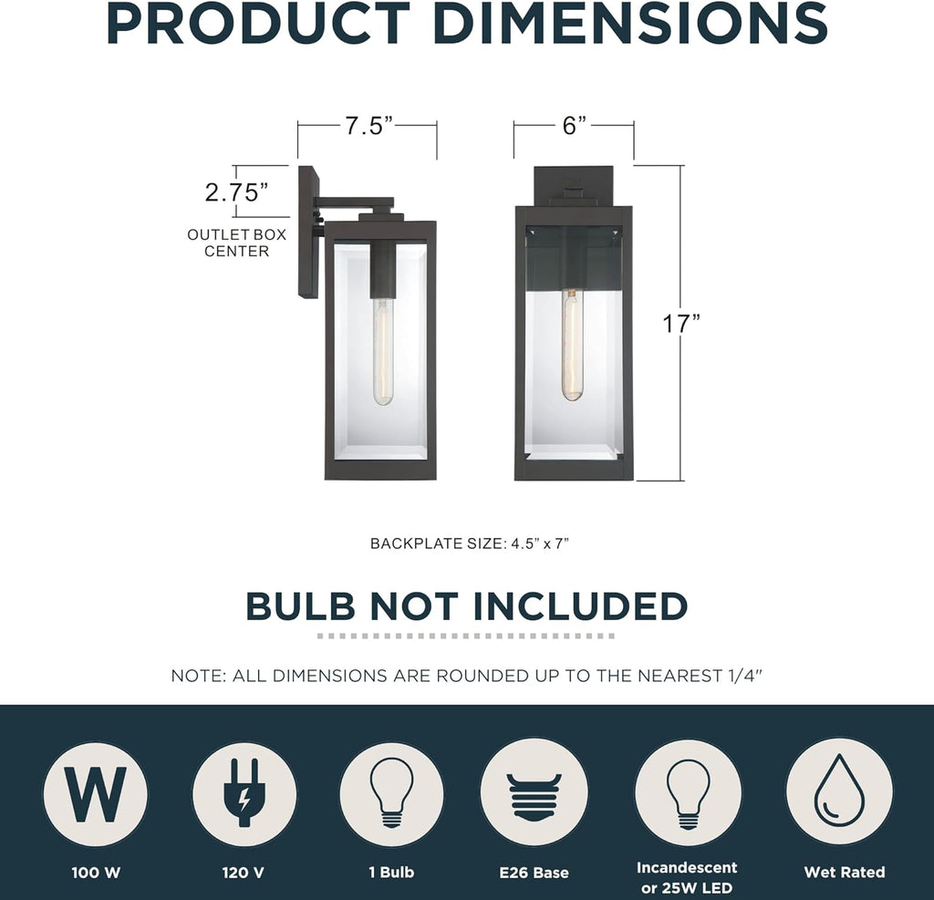 Quoizel Westover 17" Outdoor Wall Sconce, 1-Light Western Bronze with Clear Beveled Glass, E26 Base, Wet Rated