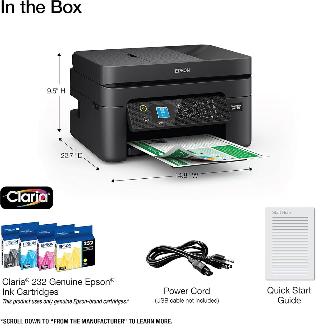 Epson Workforce WF-2930 Wireless All-in-One Printer with Scan, Copy, Fax, Auto Document Feeder, Automatic 2-Sided Printing and 1.4" Color Display,Black