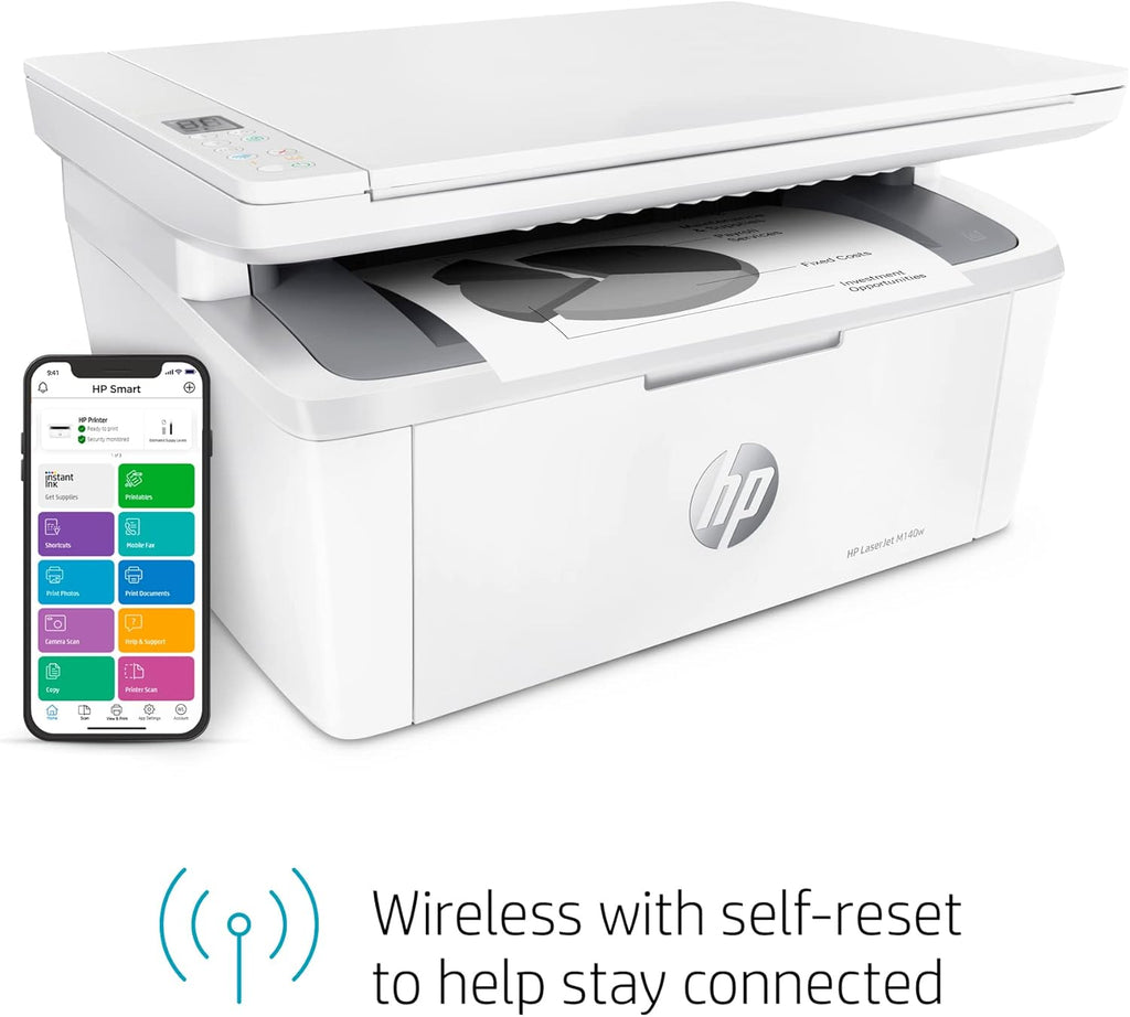 HP Laserjet MFP M140w Wireless Monochrome All-in-One Printer, Copier, Scanner, Phone, Tablet, for Home, Office Use, Easy Setup, Auto-On/Off Technology Compact White 7MD72F (Renewed)