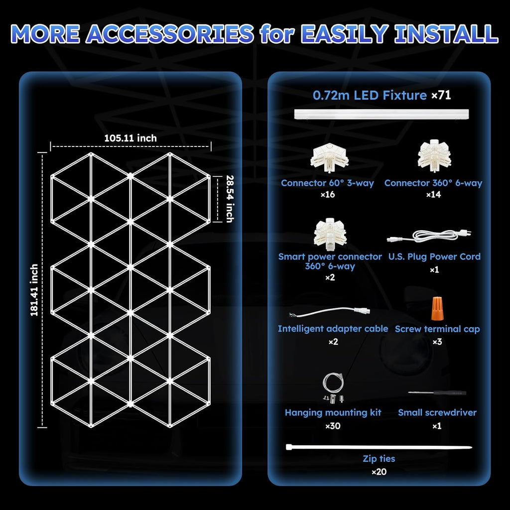 Triangle LED Garage Light - 71 Pack Hexagonal Lights, 710W 78100LM Super Bright Garage Ceiling Lights, Larger Size Honeycomb Light for Warehouse Workshop Gym Basement Car Care Wash Room