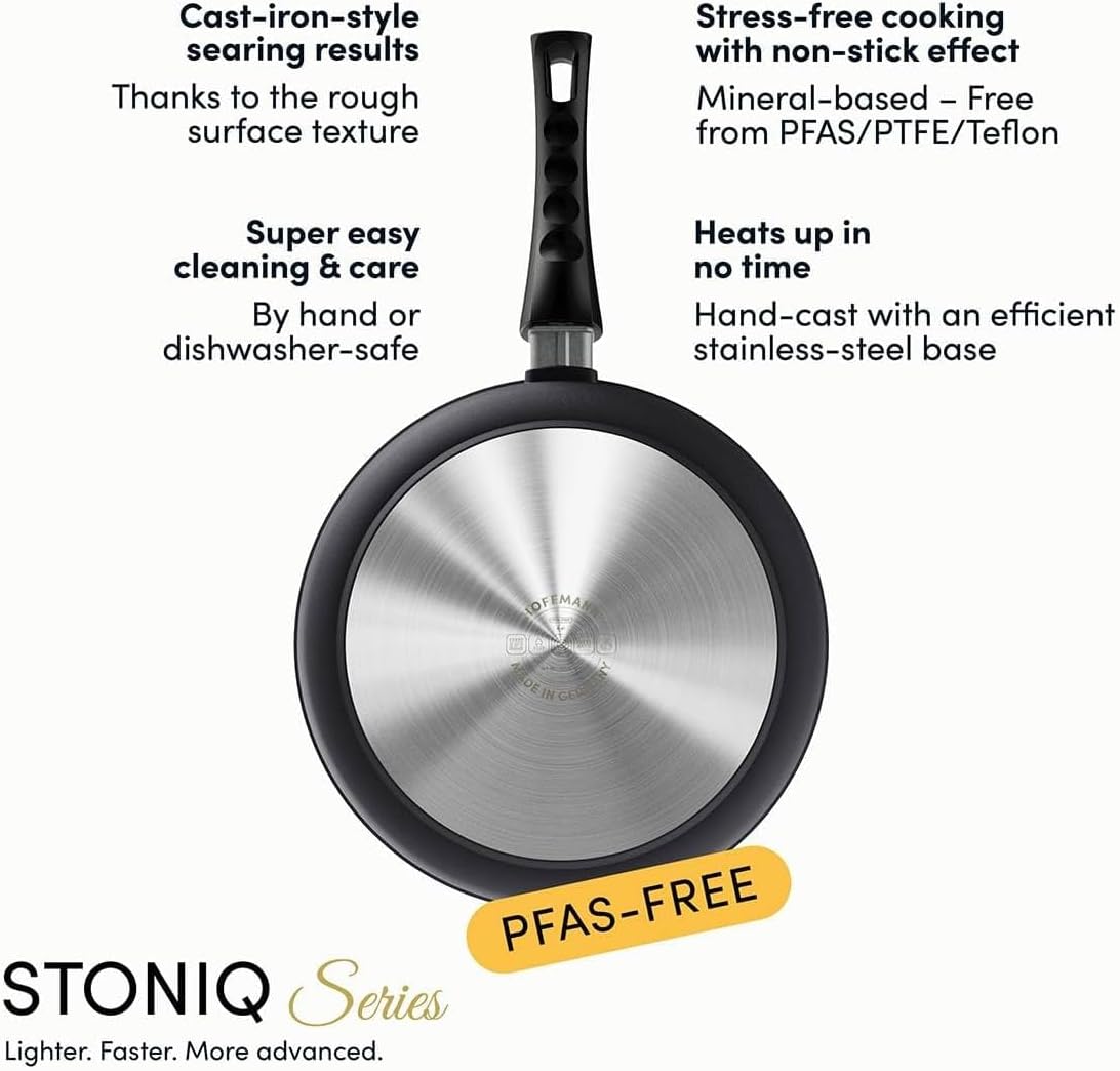 Hoffmann 11" BEST Nonstick Frying Pan with Lid – PFAS-Free, Made in Germany, High-Sided Premium Skillet, Removable Handle, Induction Ready, Heavy Cast Aluminum (StonIQ Series)