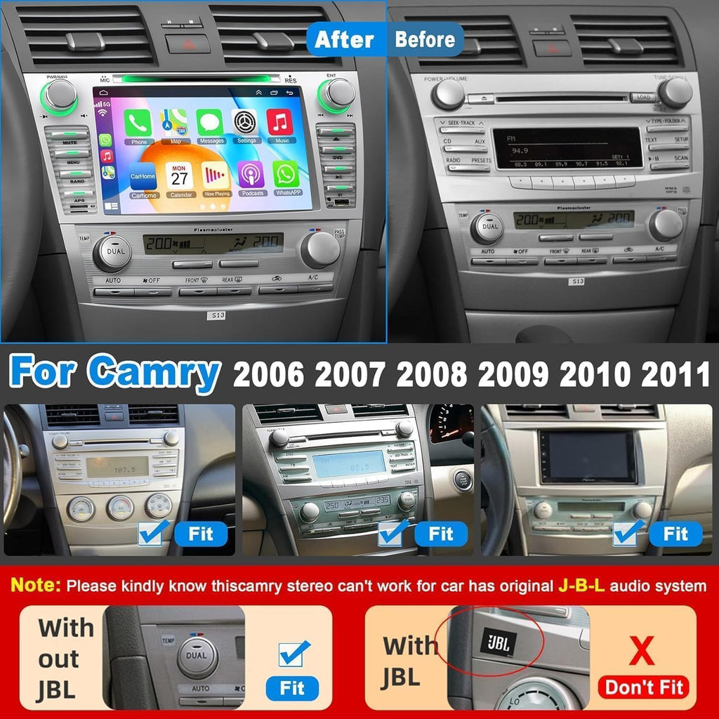 8-Inch Touch Screen Car Stereo with CD/DVD Player for Toyota Camry 2006-2011(Without J-B-L Sound System), Support Bluetooth 5.2, CarPlay/Android Auto, Backup Camera, FM/AM Radio, AUX Input.
