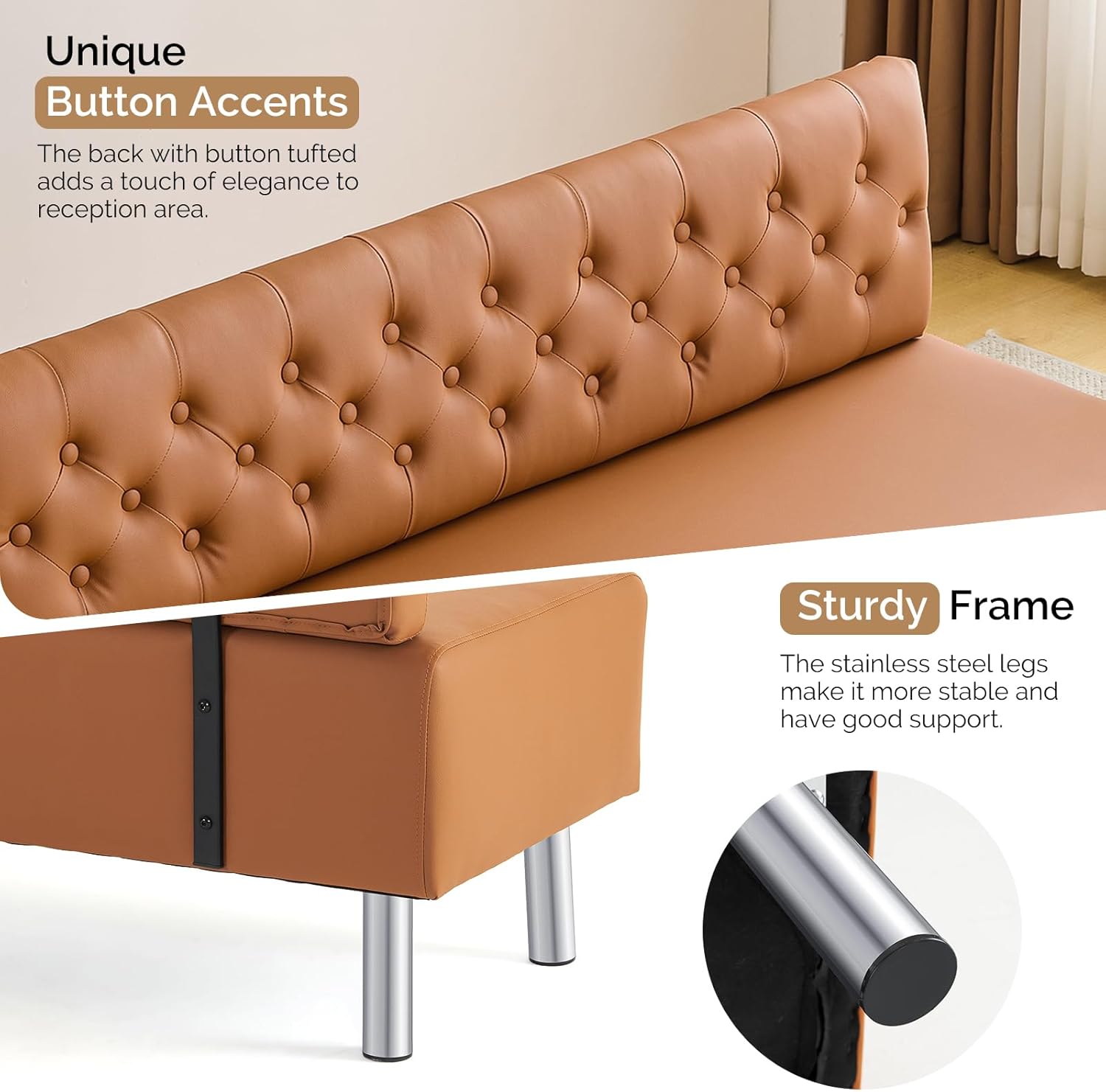 OmySalon Waiting Room Bench with Back, 58.6'' Office Guest Chair Upholstered Reception Seating, Lobby Furniture for Beauty Salon Barbershop Airport Bank Hall Room Conference, Button Tufted, Brown
