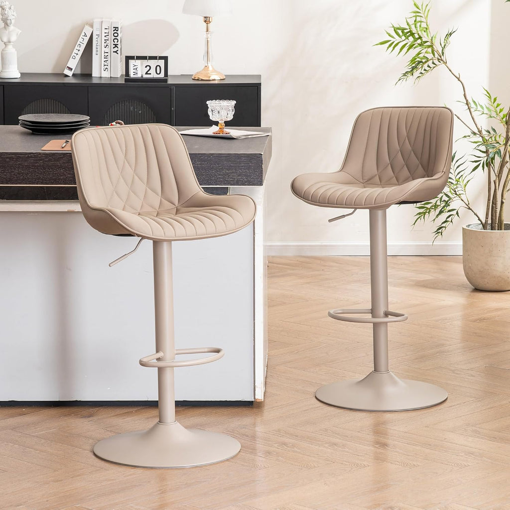 YOUTASTE Bar Stools Set of 2, Adjustable Swivel Counter Height Barstools with Back, All Khaki Faux Leather Upholstered Bar Chairs with Metal Base, Stools for Kitchen Island or Home Bar