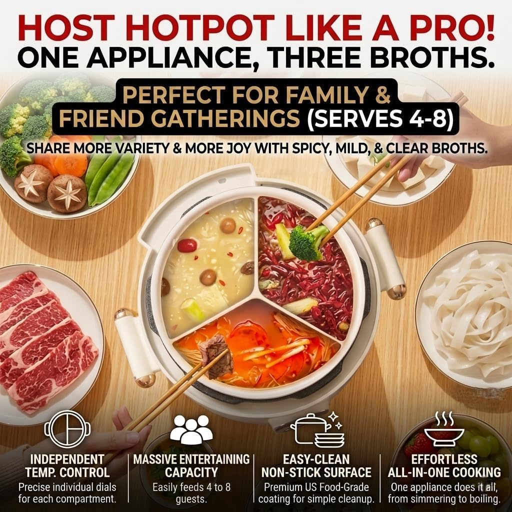 4.2Qt Electric Pressure Cooker & Smart Multi-Cooker, 10-in-1 Innovative 3-Compartment Rice Cooker, 1000W Hot Pot with 24H Timer, 70KPa Fast Cooking, Non-Stick Inner Pots, Heat Preservation, 110V, White