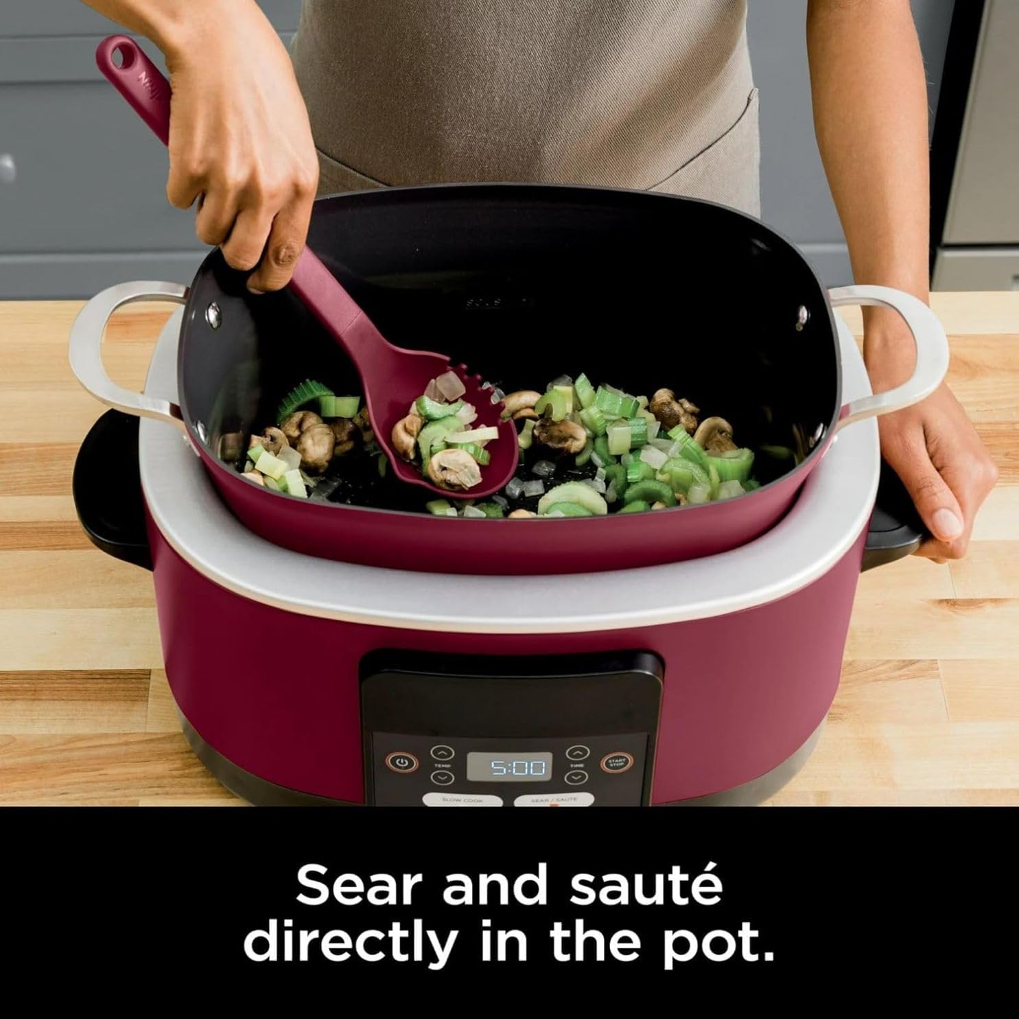 Foodi Possible Cooker, 8.5 Quart, 6-in-1 Multi-Cooker, Slow Cooker, Steamer, Glass Lid Integrated Cooking Utensil, Nonstick, Oven Safe Pot to 500°F, MC1000WM (Cherry Tarte)
