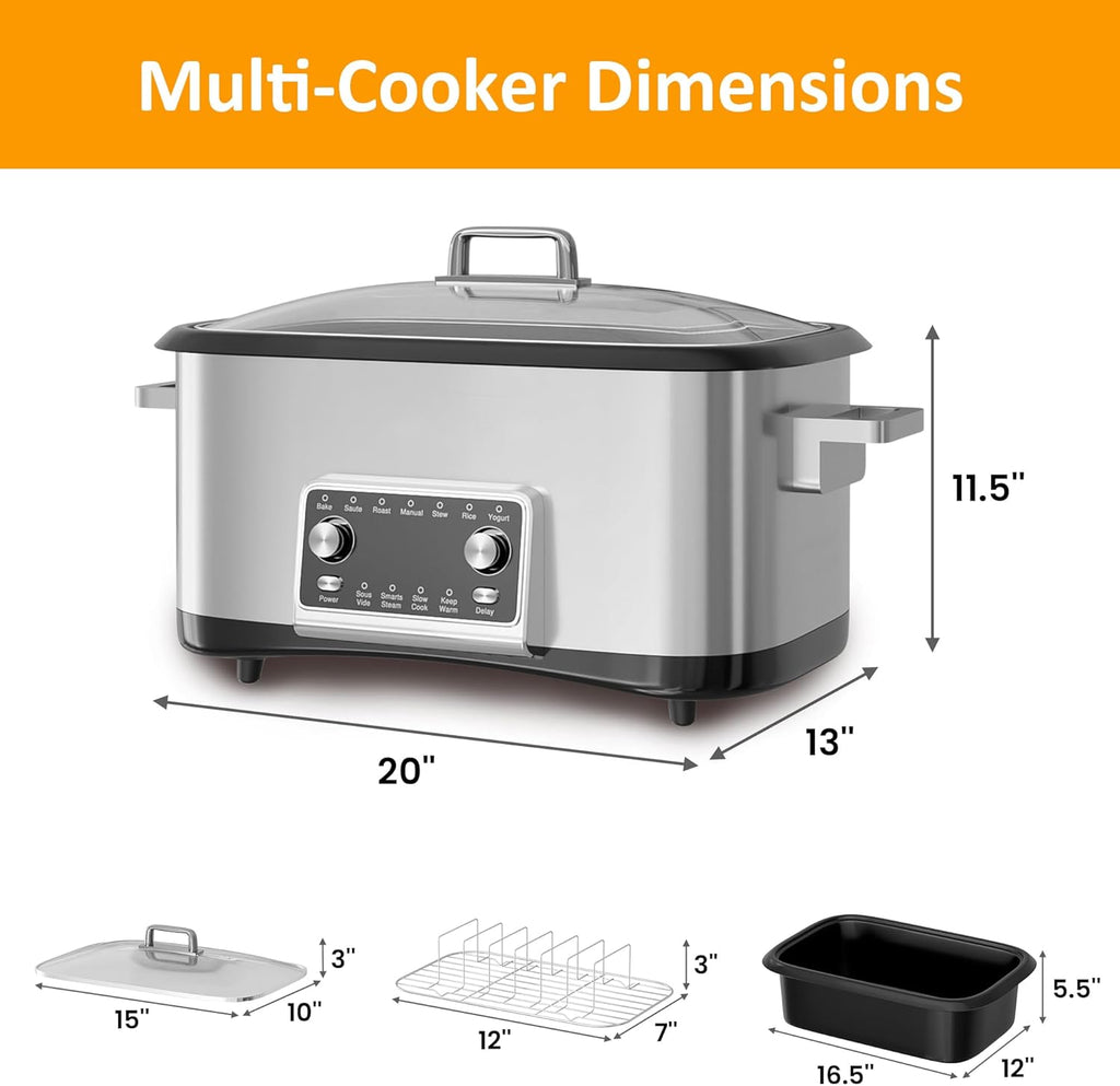 8 Quart 12-IN-1 Multi Cooker, Digital Programmable Slow Cooker with LED Display & Timer, 1250W Rice Cooker with Nonstick Inner Pot for Bake, Saute, Roast, Stew, Sous Vide, Dishwasher Safe, Silver
