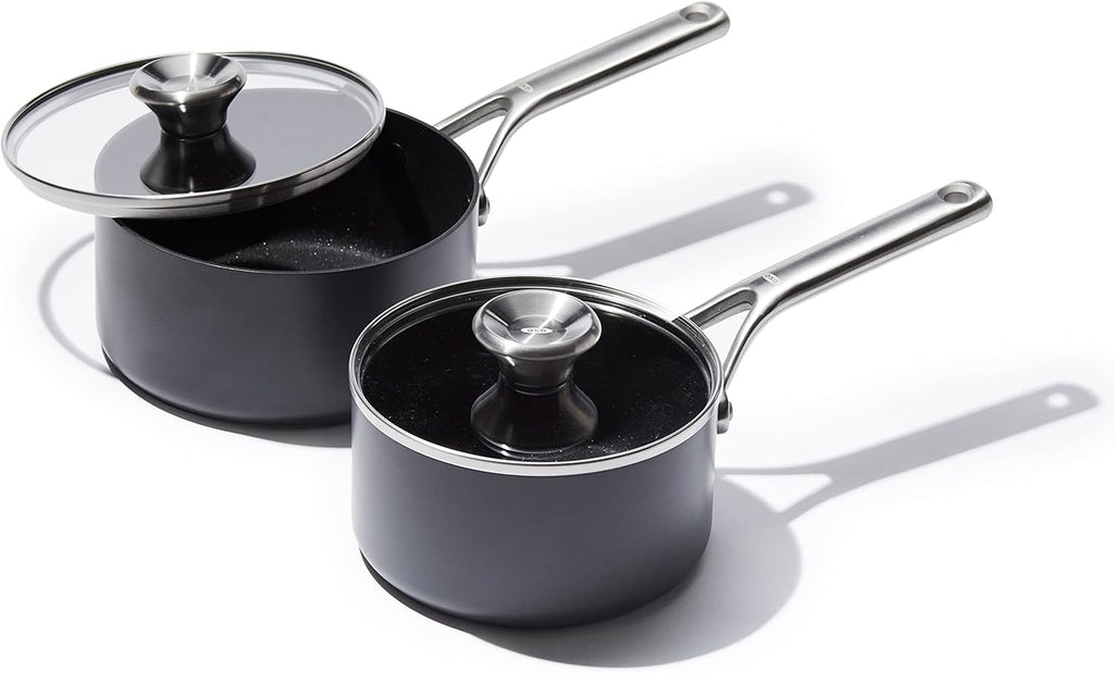 OXO Professional 1.7QT and 2.3QT Saucepan Pot Set with Lids Hard Anodized Ceramic Nonstick Cookware PFAS-Free Induction Suitable Stainless Steel Diamond Reinforced Coating Dishwasher/ Oven Safe Black