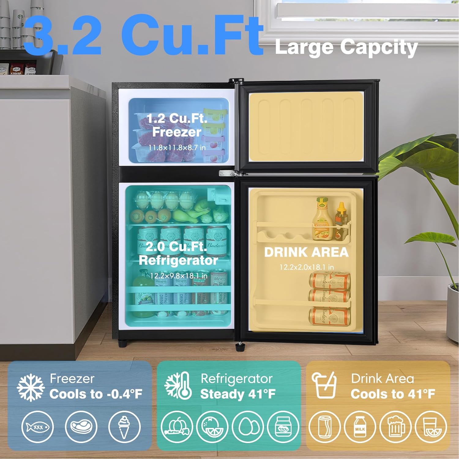 OSTBA Mini Fridge with Freezer - 3.2 Cu.ft 2-Door Upright Freezer, Compact Refrigerator with 2 Removable Shelves 7 Level Adjustable Thermostat, Removable Shelves for Bedroom Office Apartment, Black