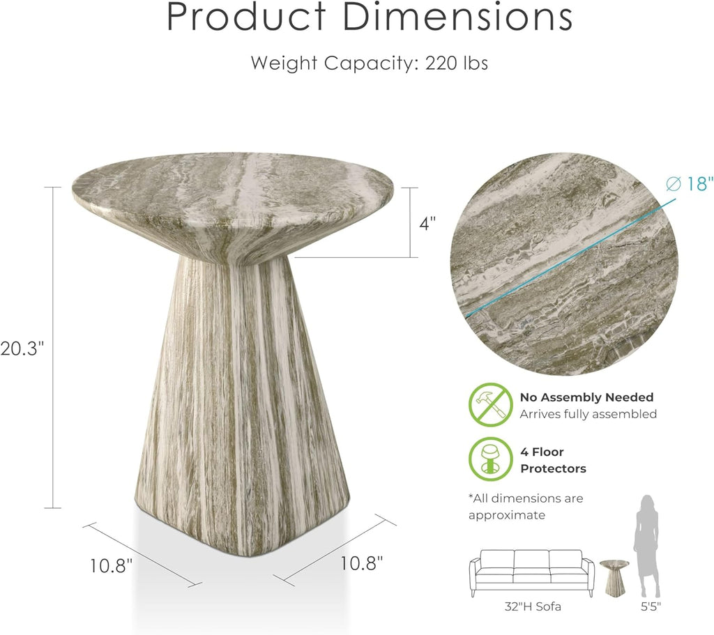 24/7 Shop at Home Ranera Modern 18-inch Natural Stone Side Table with Angular Pedestal Base, Marble Nightstand, Geometric Patio End Table, for Living Room, Covered Outdoor Spaces, Gray Travertine