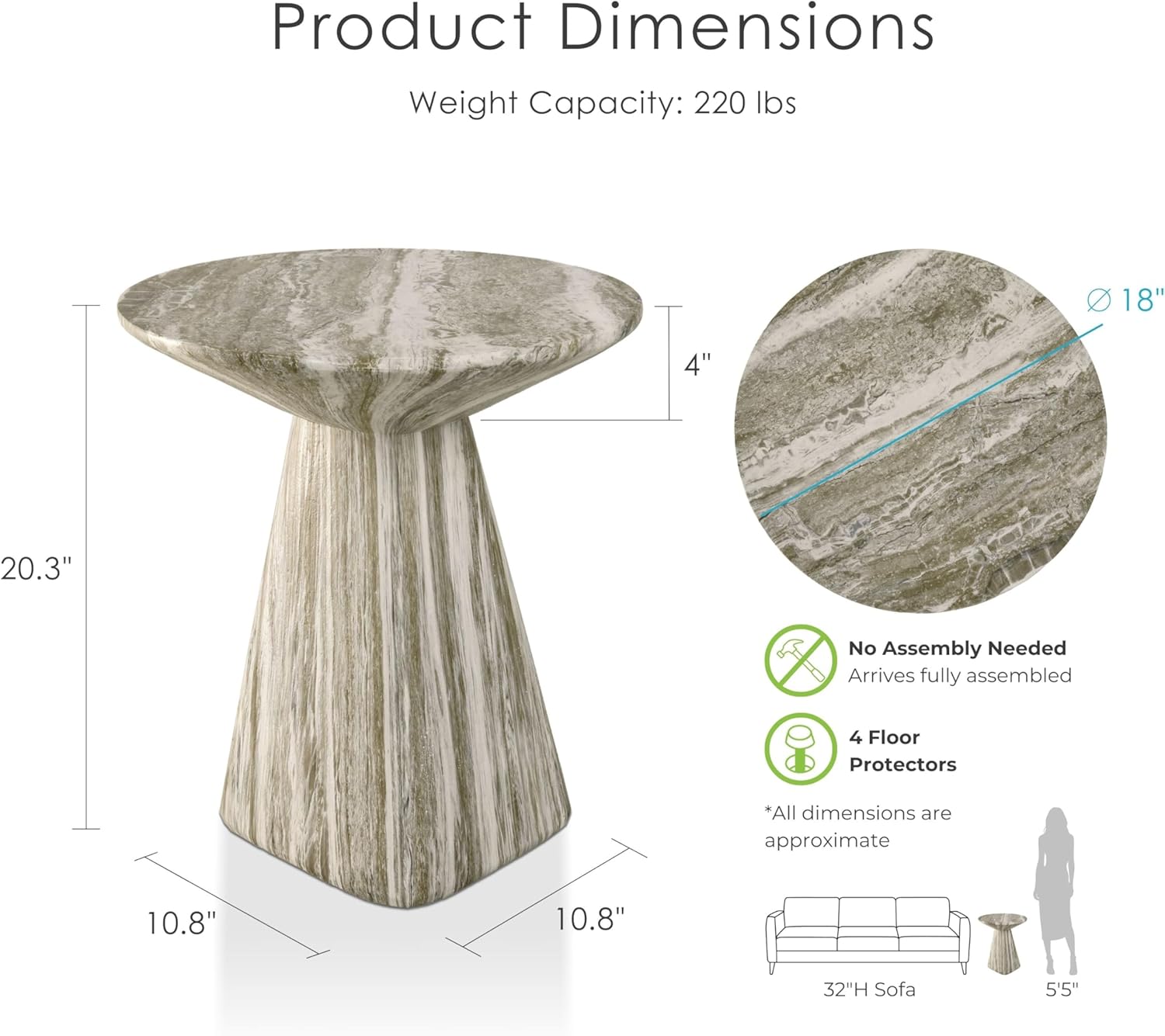 24/7 Shop at Home Ranera Modern 18-inch Natural Stone Side Table with Angular Pedestal Base, Marble Nightstand, Geometric Patio End Table, for Living Room, Covered Outdoor Spaces, Gray Travertine